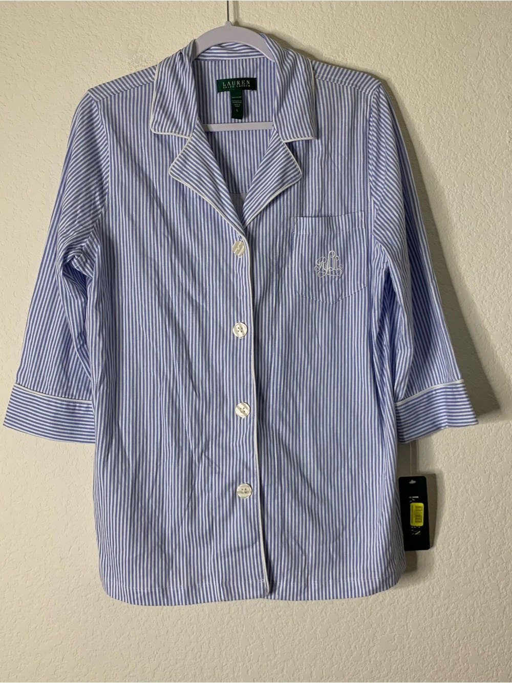 Lauren Ralph Lauren blue white stripe cotton pajama shirt L NWT